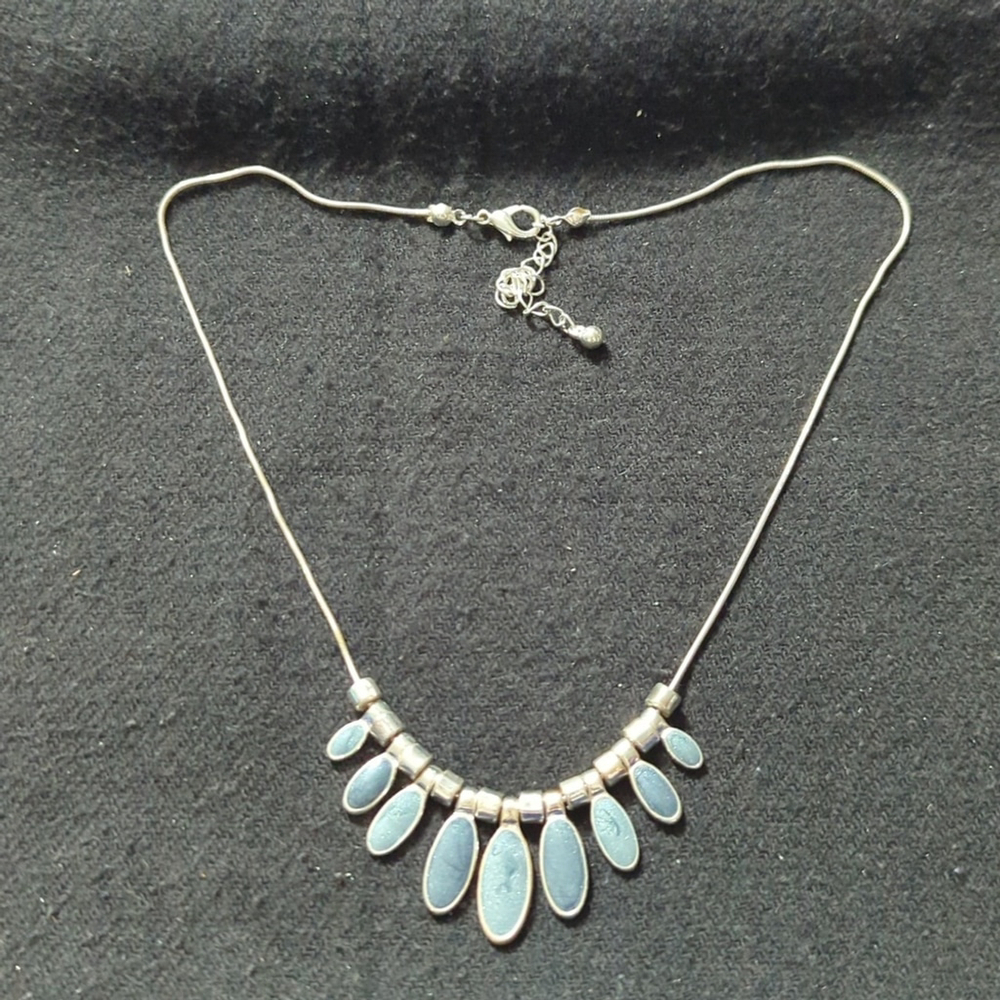 Silver Tone Grey Swirl Oval Enamel Bib Style Statement Necklace